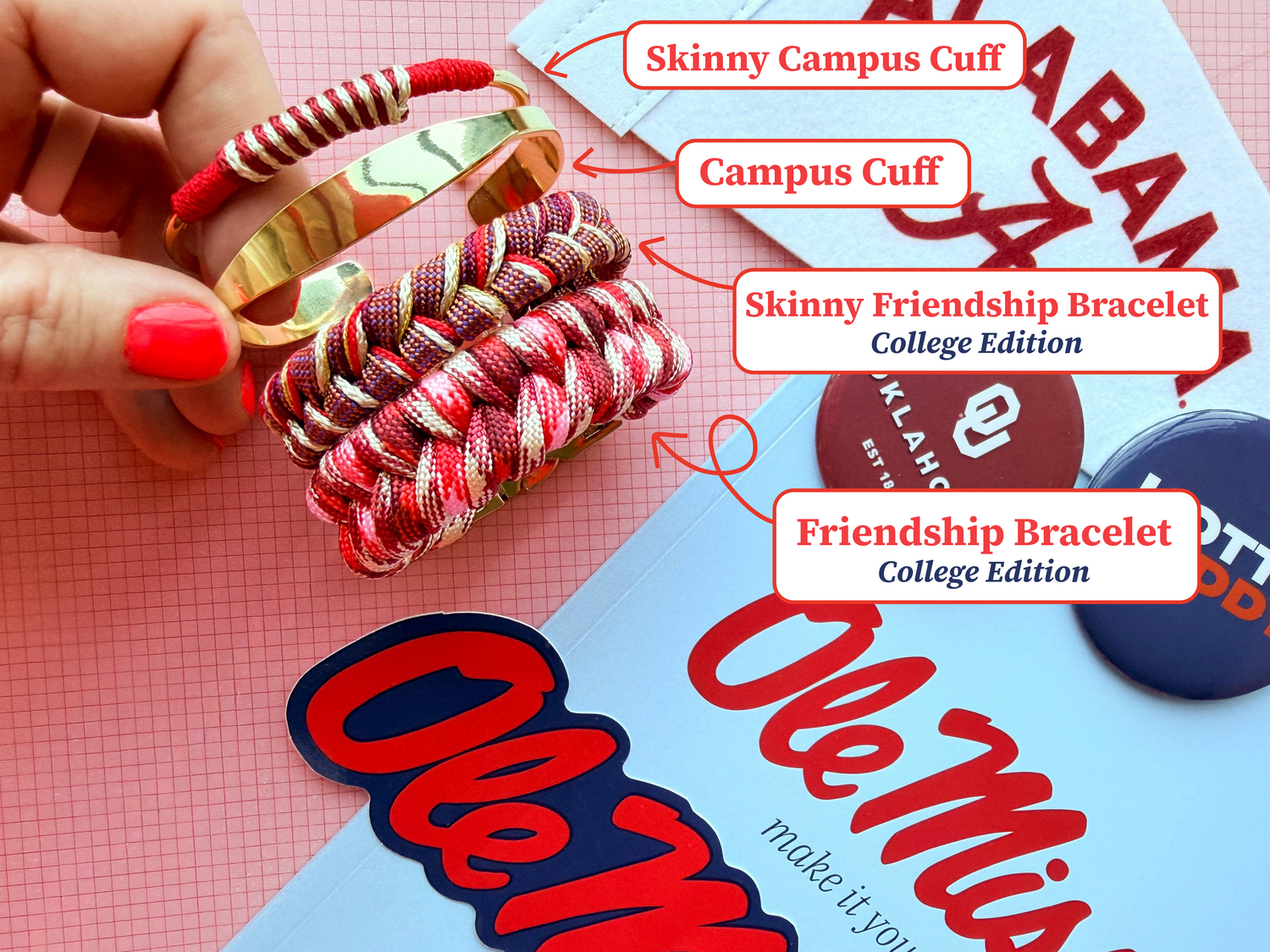 Cordture college friendship bracelets stacked in team colors
