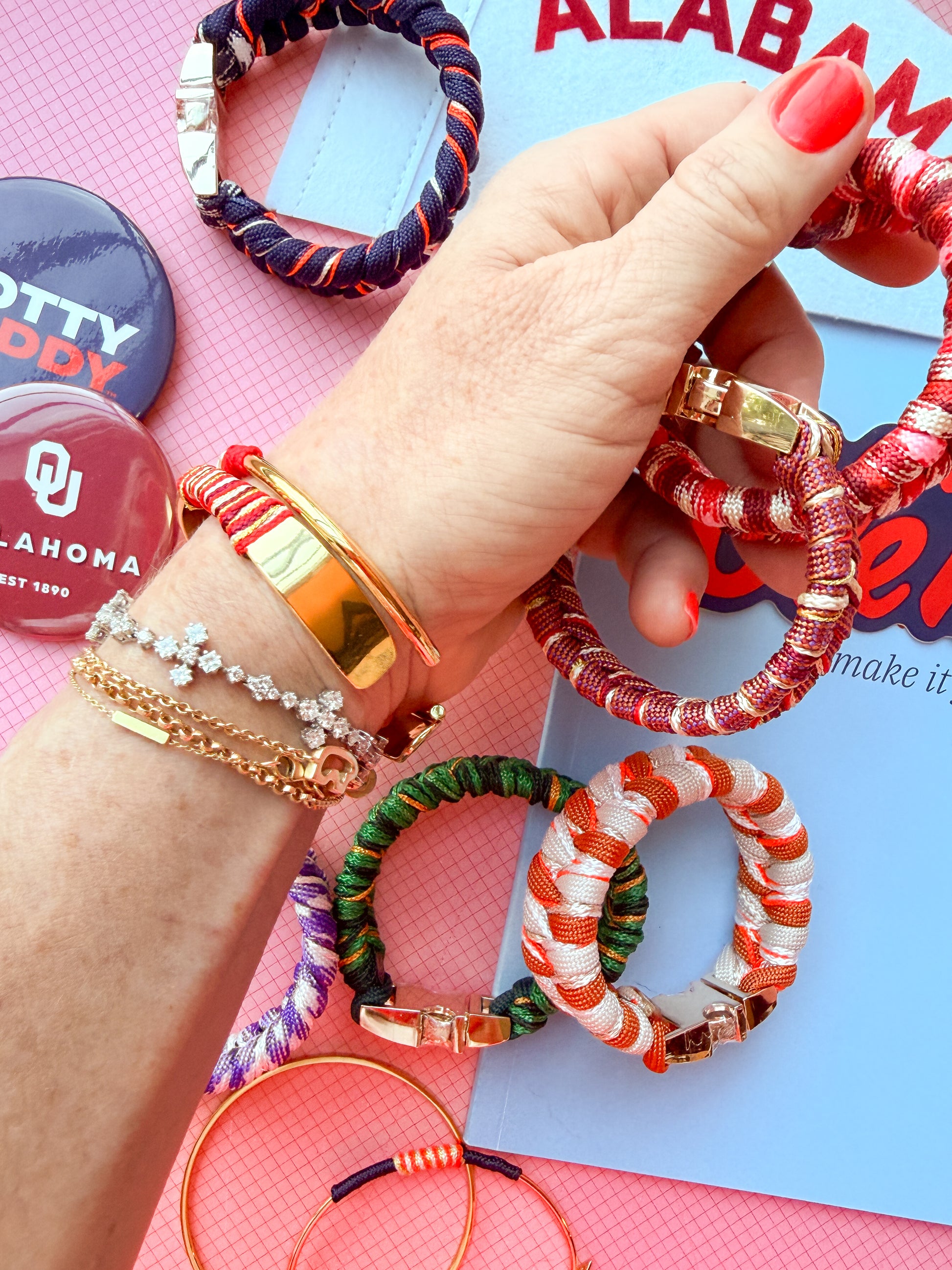 Cordture college friendship bracelets stacked in team colors